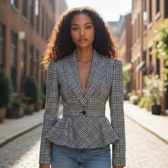 DESIGNER MICHAEL KORS COLLECTION GREY PLAID PRINT PEPLUM VIRGIN WOOL BLAZER 10.R - Picture 9 of 16